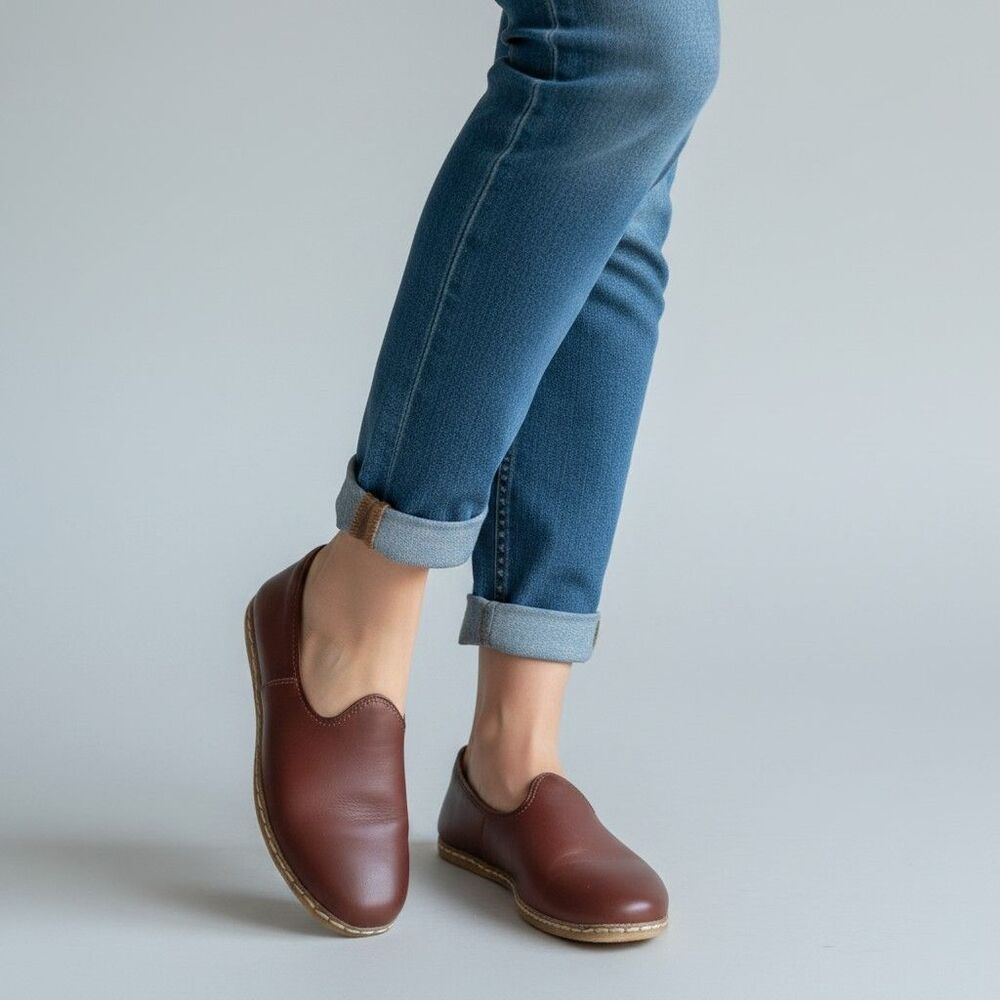 CHARIX Women's Artisan Cognac Brown Leather Slip On Flats Shoes Loafers 39/8-8.5
